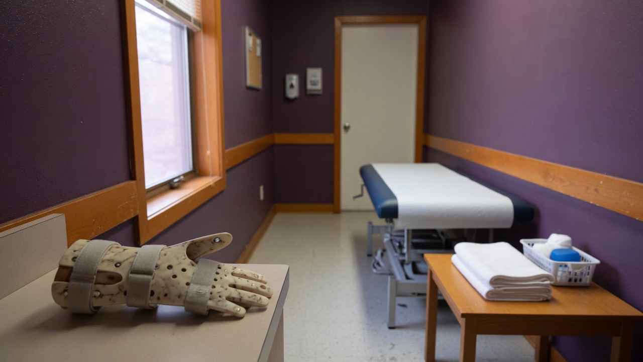 Bright, spotless hand therapy clinic treatment room with a thermoplastic splint on the counter and soft window light, no people visible.