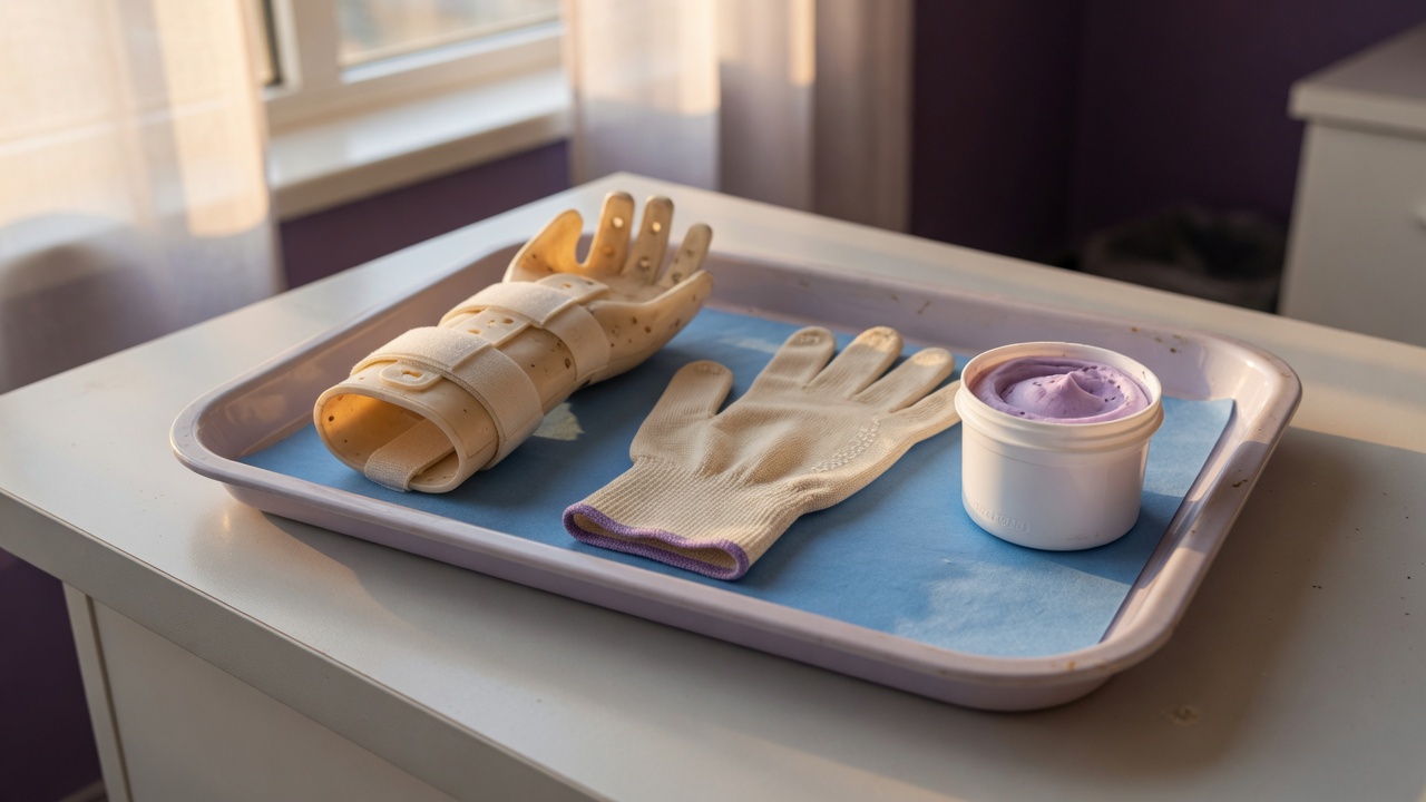 A neatly organized hand therapy supply tray with a thermoplastic splint, compression glove and putty on a tidy clinical counter, calm consultation setting, no faces visible.