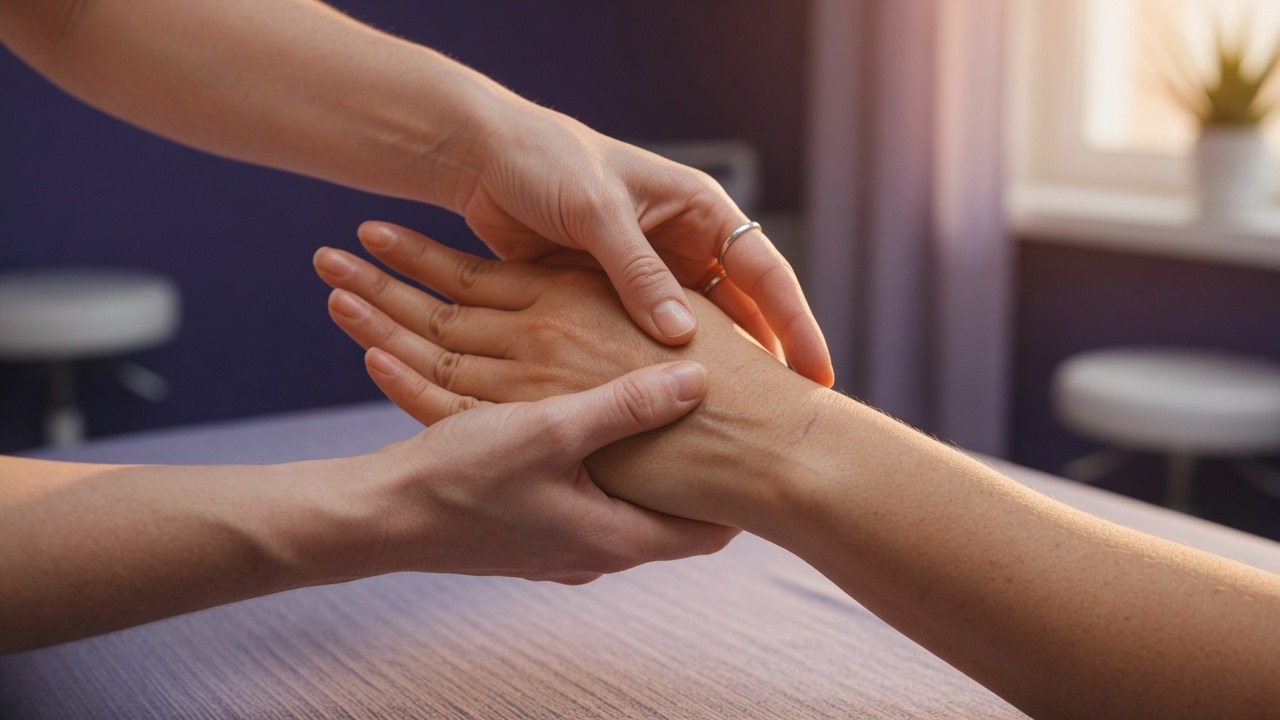 Close-up of a hand therapist's hands gently mobilizing a patient's wrist joint, warm natural light, no faces visible.